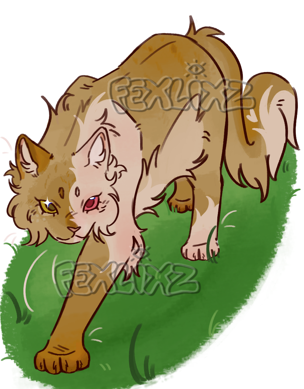 Fullbody illustration of a feral feline in grass