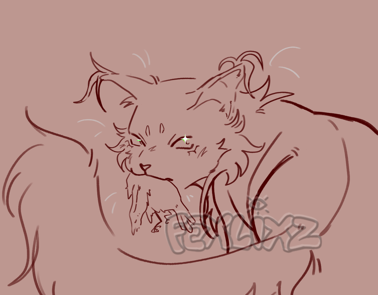 Halfbody lineart of a feral feline holding prey