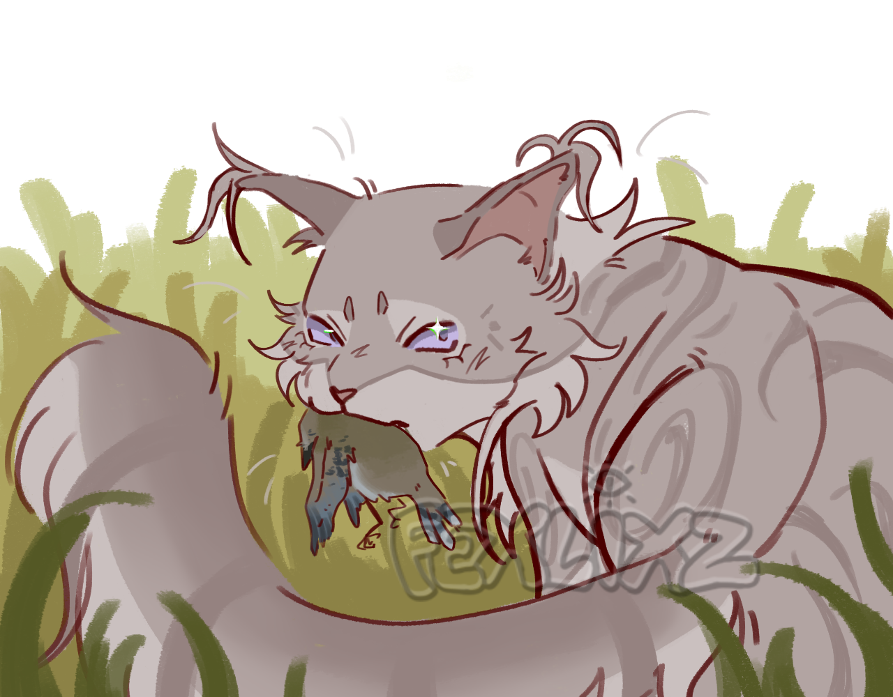 Halfbody flat color illustration of a feral feline in grass