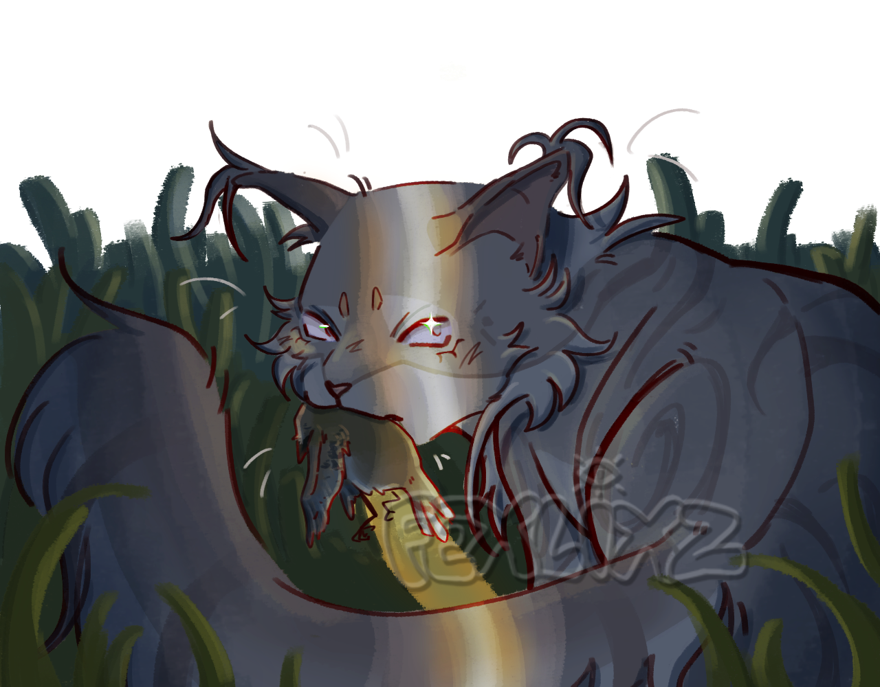 Fully shaded halfbody illustration of a feral feline at dusk